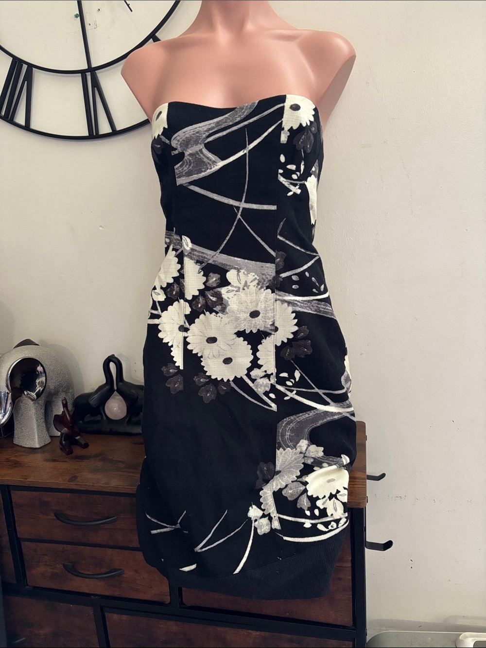 #297 Strapless Black & White Floral Sheath Dress